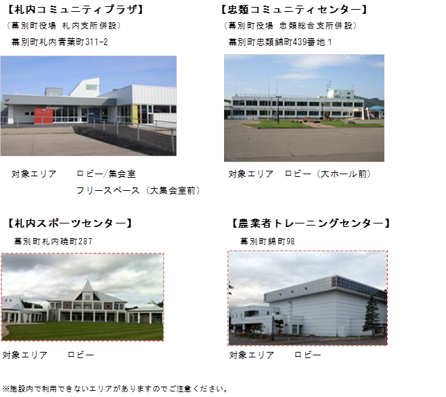 フリーWi-Fi対象施設。札内コミュニティプラザ、忠類コミュニティセンター、札内スポーツセンター、農業者トレーニングセンター